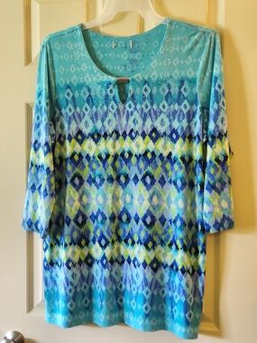 Women's Blue Patterned 3/4 Sleeve Scoop Neck Top